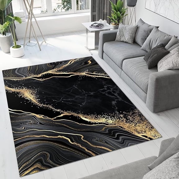 Luxurious Agate Black Gold Marble Area Rugs, Light Luxury Geometric Gilded Line Texture Art Washable Indoor Rug, With Anti-Slip Easy Clean Carpet For Living Room Kitchen Room Home 5x8ft