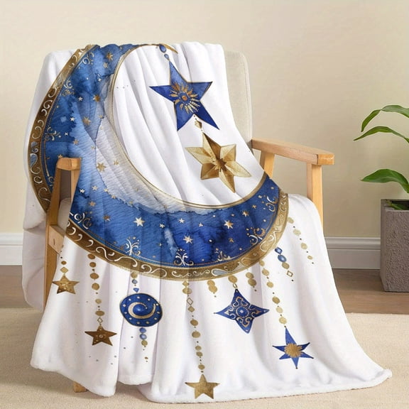 Luxurious Arabesque Flannel Throw Blanket - Navy & Gold Moon Star Design, Soft Tassels - All Season Lightweight Bedspread for Bed, Sofa, Travel - Elegant Home Decor Gift