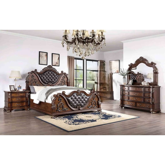 Luxurious Beautiful Eastern King Size 4pc Bed Dresser Nightstand Set Brown Cherry Tufted HB