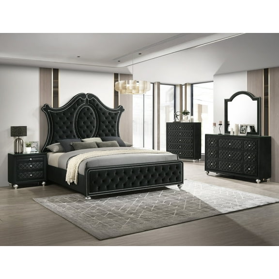 Luxurious Beautiful King Size 6pc Panel Bed Set Tufted Headboard Black