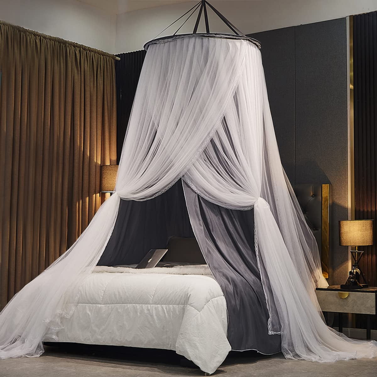 Luxurious Bed Canopy for Girls & Adults - Double Layer Princess Canopy with Lace, Round Dome Mosquito Netting for Queen/King Bed Tent (New Gray)