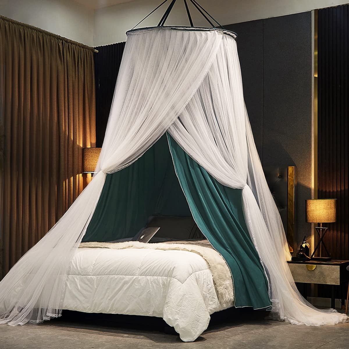 Luxurious Bed Canopy for Girls & Adults - Double Layer Princess Canopy with Lace, Round Dome Mosquito Netting for Queen/King Bed Tent (Peacock Blue)