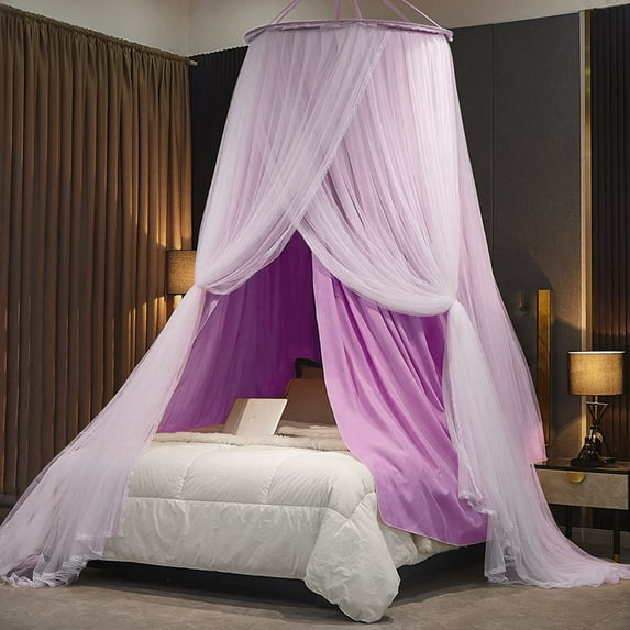 Luxurious Bed Canopy for Girls & Adults - Double Layer Princess Canopy with Lace, Round Dome Mosquito Netting for Queen/King Bed Tent (Purple)