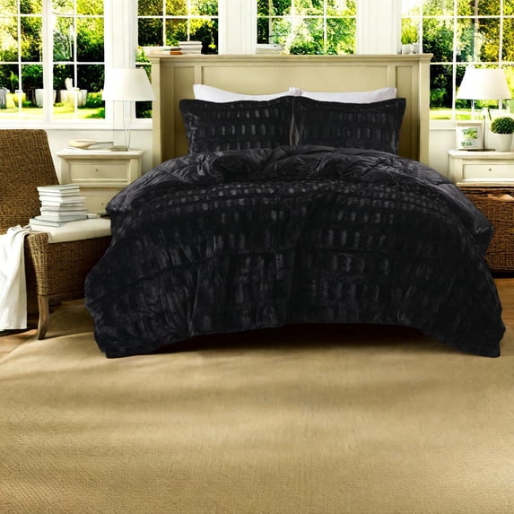 Luxurious Bedding Sets Faux Fur Comforter King/Cal King Black Modern Cozy Design