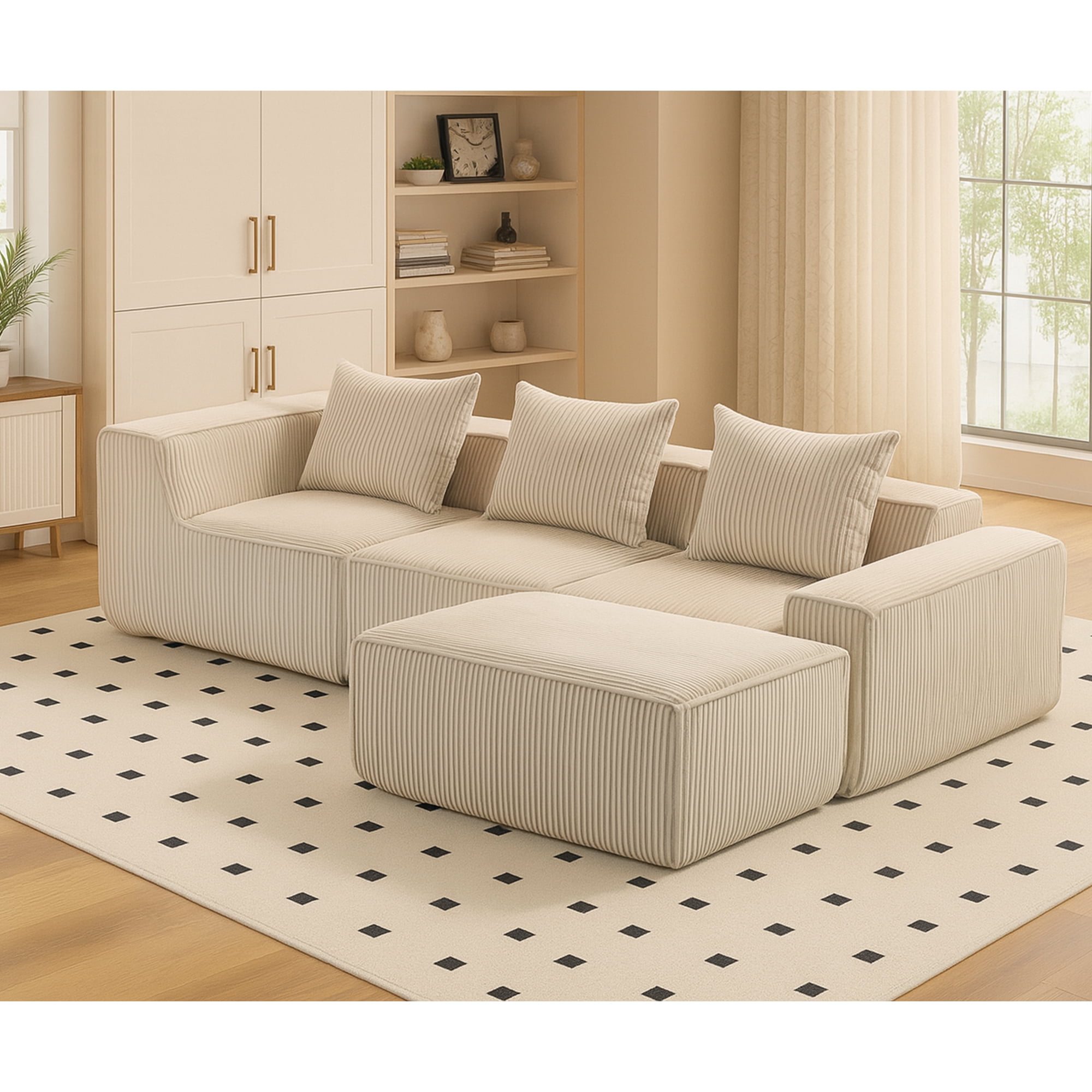 Luxurious Beige Corduroy Modular Compression Sofa - 4-Seat, 111.42" L X 80.31" W, Modern All-Compressed Design, Soft Foam Filler, Perfect for Living Spaces, No Assembly Required