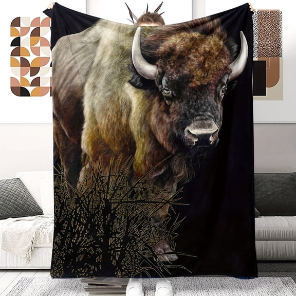 Luxurious Bison High-Definition Digital Print Flannel Throw Blanket - Cozy, Allergy-Free, Perfect for Office, Sofa, or Gifting - Rustic Style, Hand Wash Only, All-Season Comfort