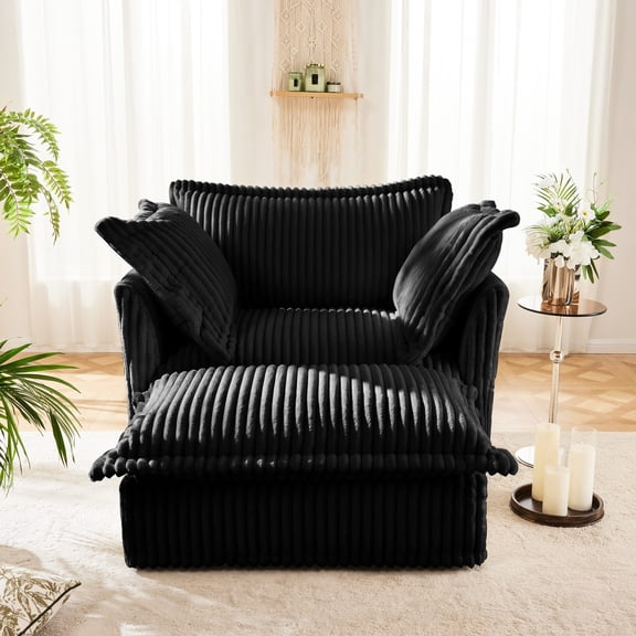 Luxurious Black Corduroy Deep Seat Armchair with Ottoman - Comfortable Relaxation in Living Room