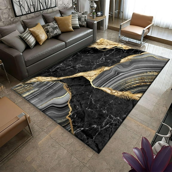Luxurious Black Gold Marble Area Rug, Nordic Abstract Art Interior Decoration Rug, Comfortable And Durable Non-Slip Washable Carpet, Suitable For Living Room, Bedroom, Restaurant And Office