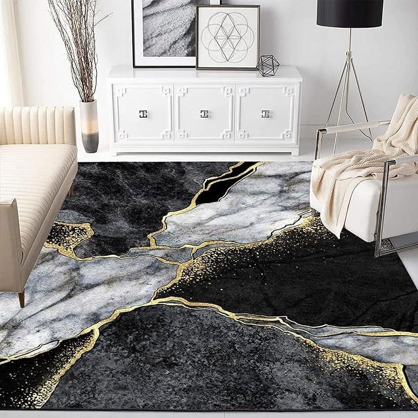Luxurious Black Gold Marble Texture Area Rug, Modern Abstract Gray And ...