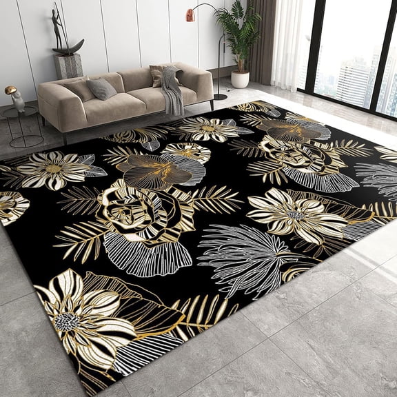 Luxurious Black Gold Rose Area Rugs, Simple Lines Tropical RainForest Plants Non-Slip Mat, Large Area Rug Fast Drying Machine Washable Apply to Balcony Dorm Room Kids Room Hallways 2x3ft