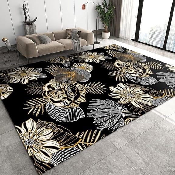 Luxurious Black Gold Rose Area Rugs, Simple Lines Tropical RainForest Plants Non-Slip Mat, Large Area Rug Fast Drying Machine Washable Apply To Balcony Dorm Room Kids Room 5x8ft