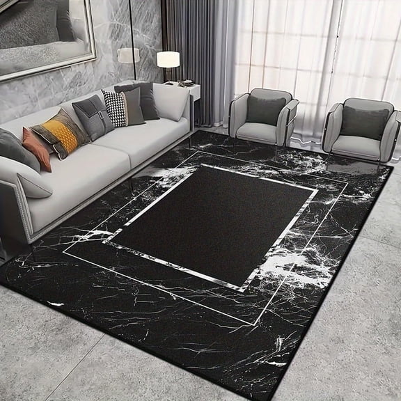 Luxurious Black Marble Rug Abstract Black and White Frame Area Rugs with Non Slip Rugs for Living Room Bedroom Carpet Stain Resistant, Home Decor Office Rug 5x8ft