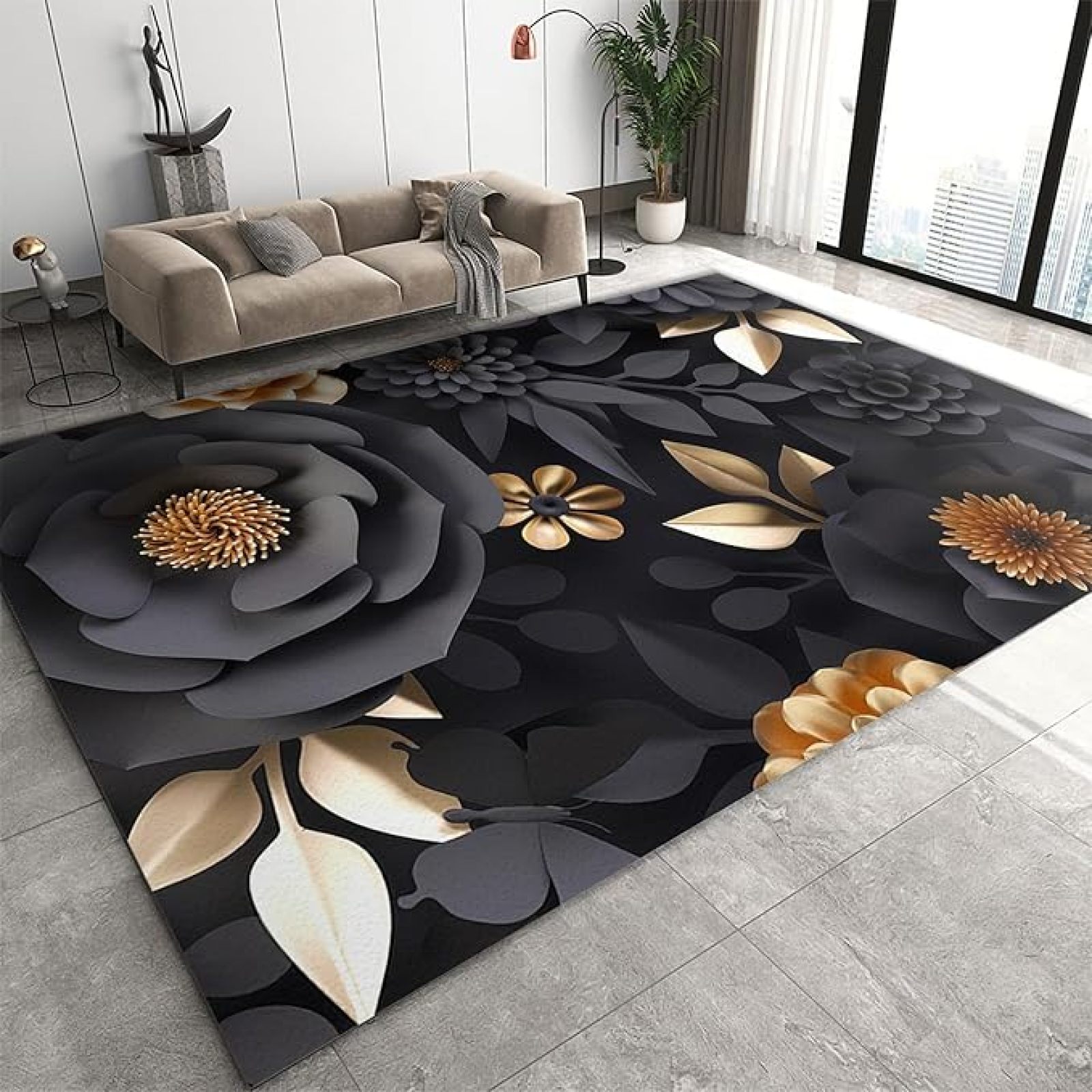 Luxurious Black Peony Flower Area Rug, Golden Plant Leaves Rugs For ...
