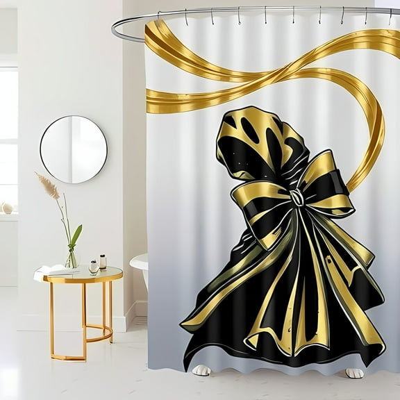 Luxurious Black and Gold Bow Shower Curtain Elegant Design with Golden Ribbons for Chic Bathroom Decor