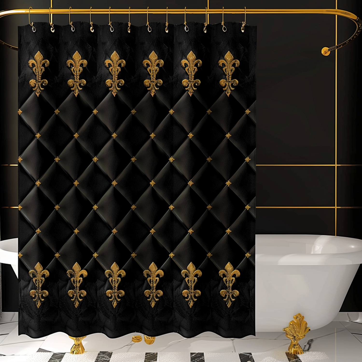 Luxurious Black and Gold Diamond Pattern Fleur de Lis Shower Curtain