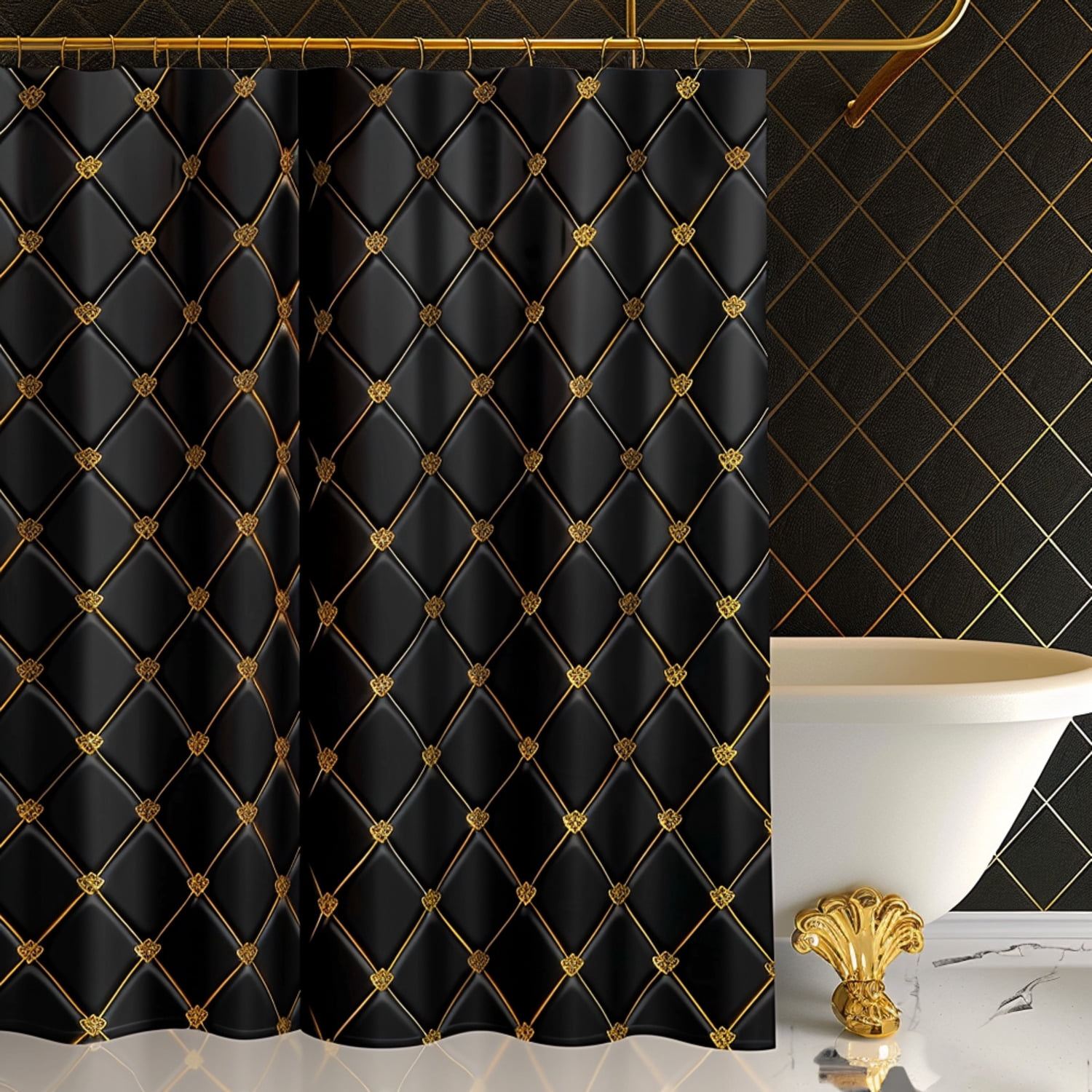 Luxurious Black and Gold Diamond Quilted Bathroom Curtain Set High ...
