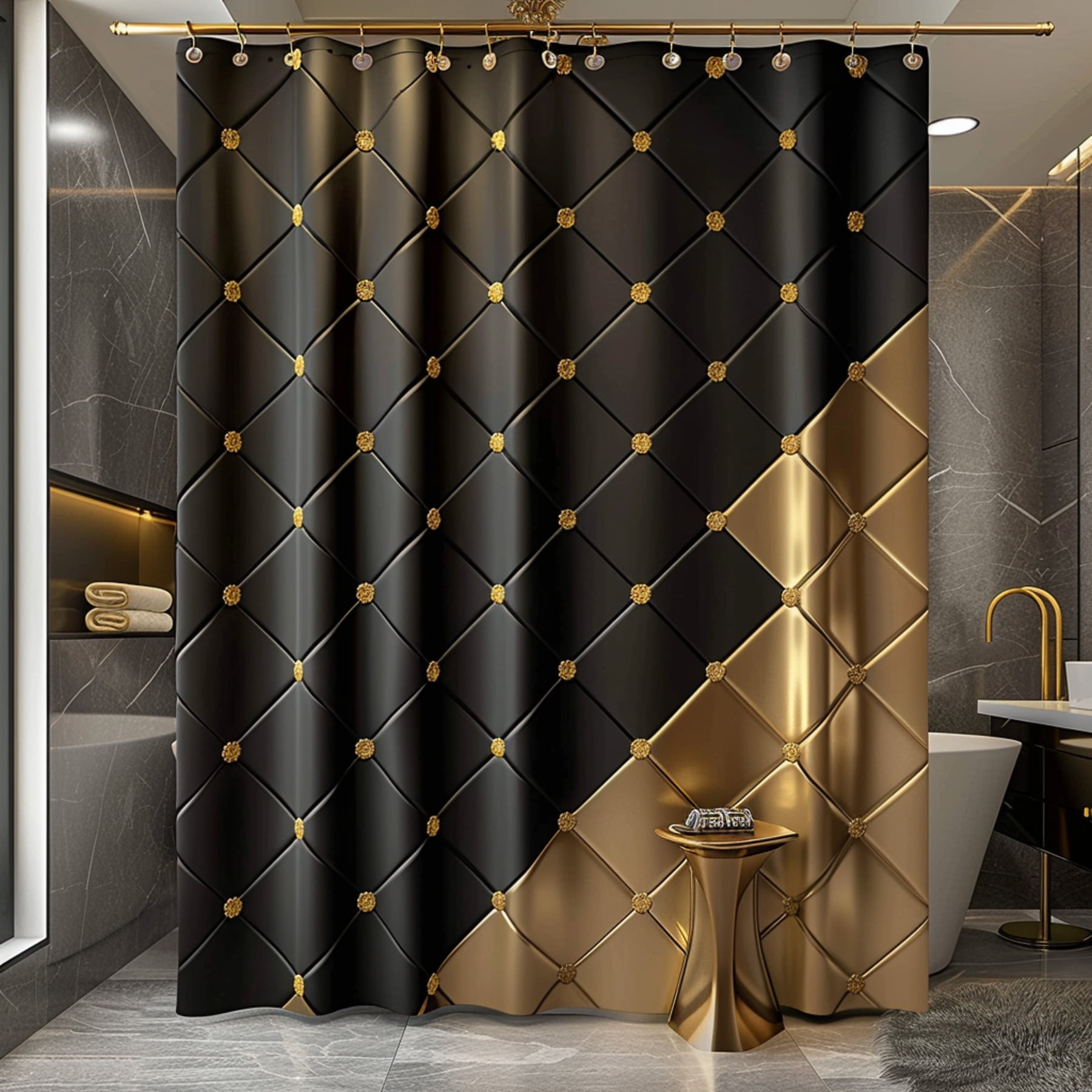 Luxurious Black and Gold Diamond Quilted Shower Curtain with Elegant