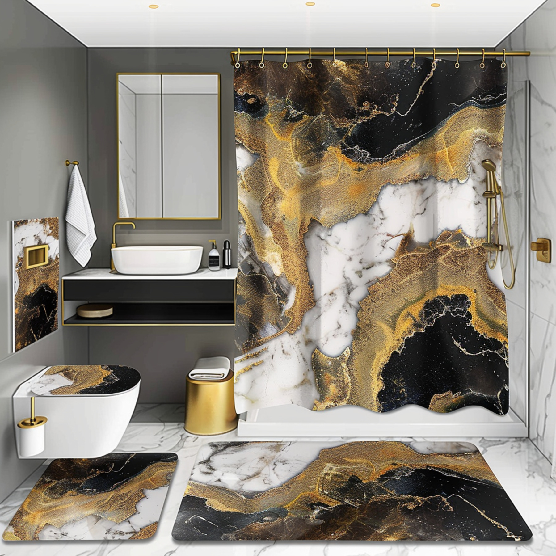 Luxurious Black and Gold Marble Bathroom Ensemble Elegant Modern Decor