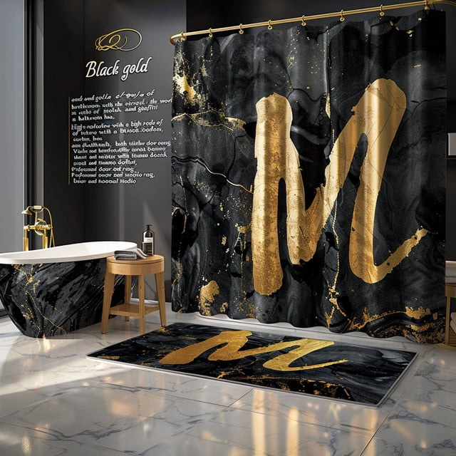 Luxurious Black and Gold Marble Bathroom Set with Graffiti Art M Design