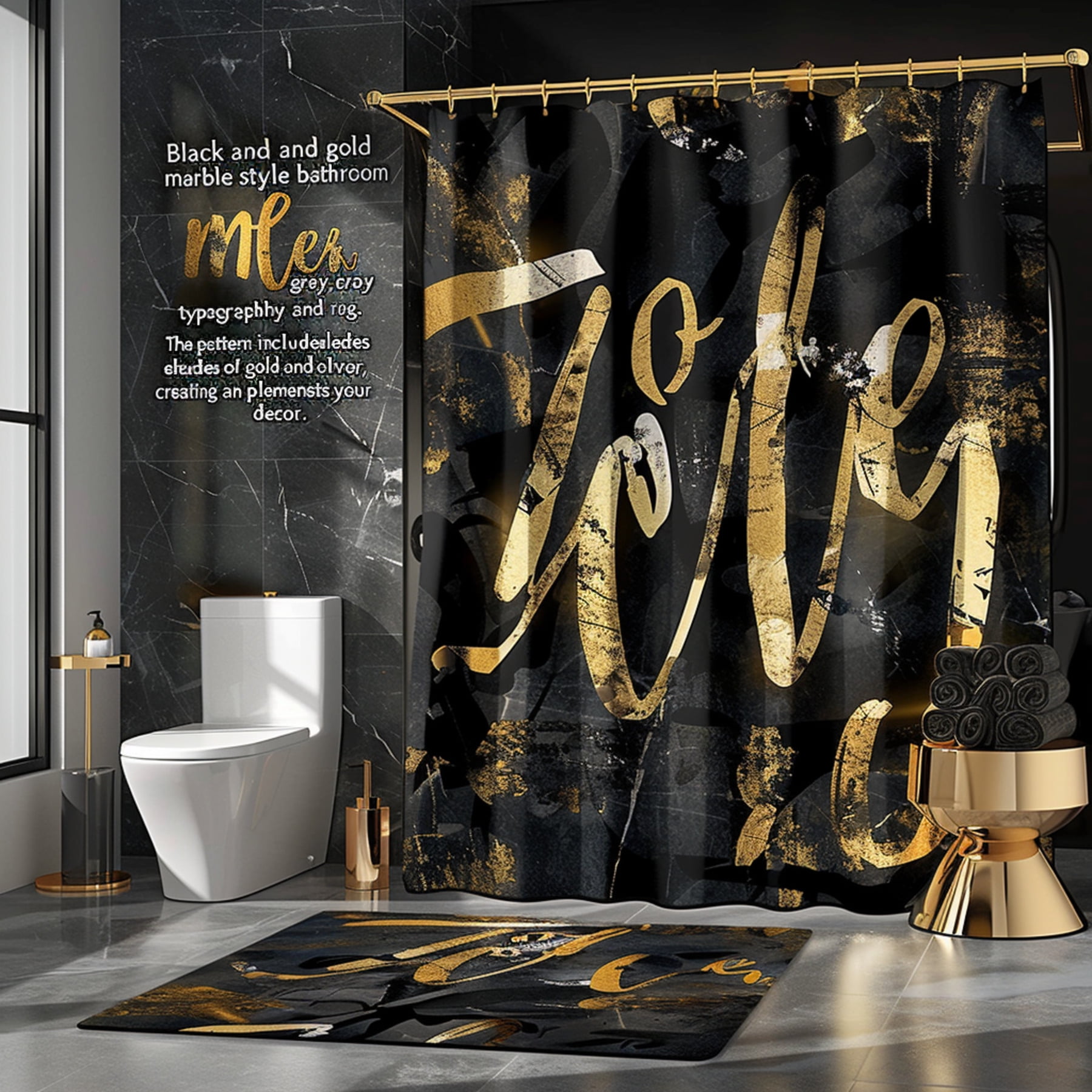 Luxurious Black and Gold Marble Bathroom Set with Graffiti Lettering