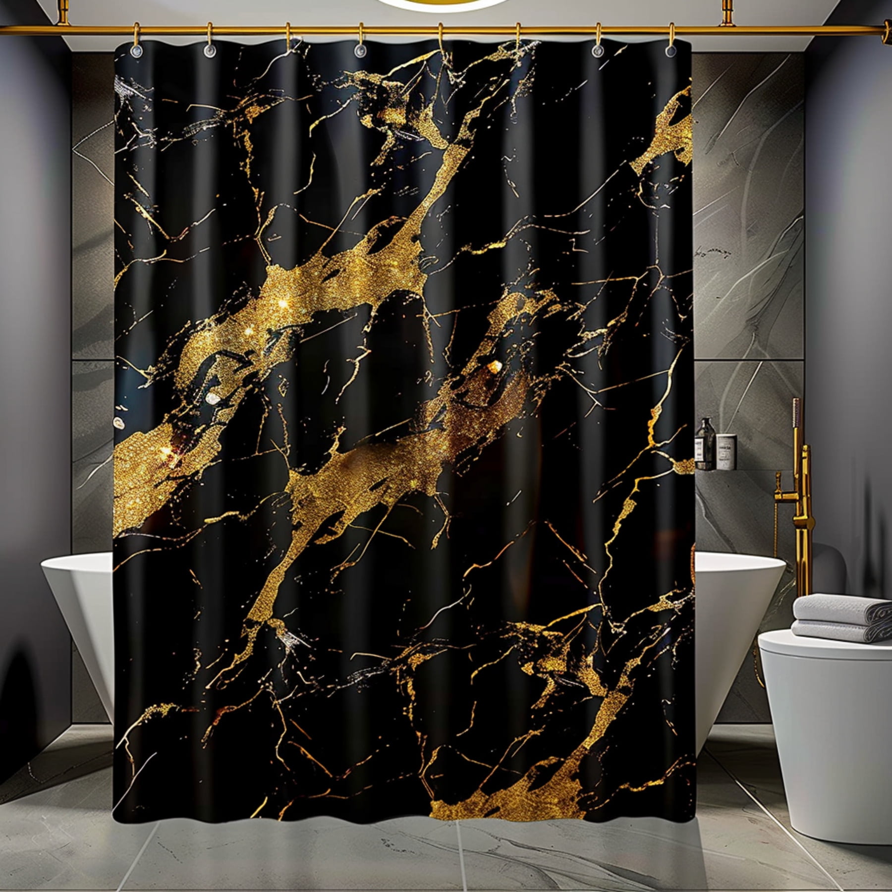 Luxurious Black and Gold Marble Print Shower Curtain with Elegant Golden Veins Modern Style