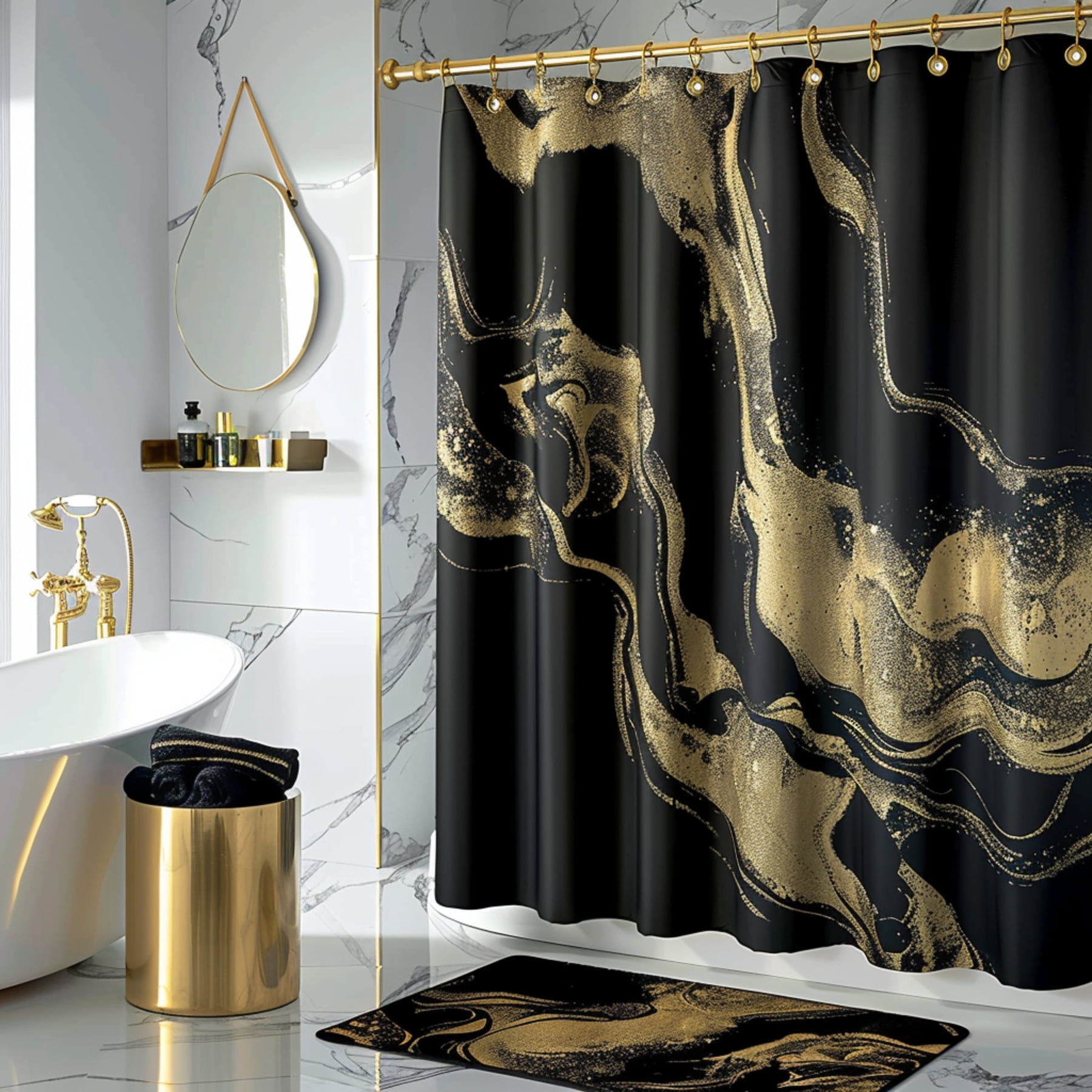 Luxurious Black and Gold Marble Satin Shower Curtain with Golden ...