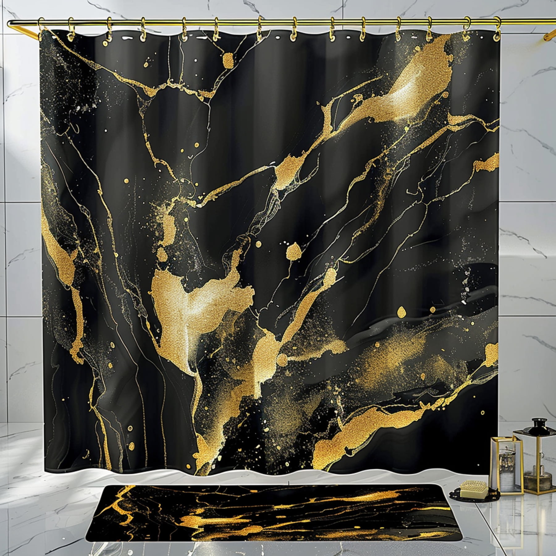 Luxurious Black and Gold Marble Shower Curtain with Elegant Golden