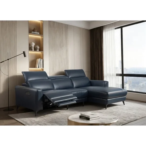 Luxurious Blue Leather RHF Sectional Sofa with Single Power Recliner + USB, Modern Glam Living Room L-Shaped Recliner Sofa