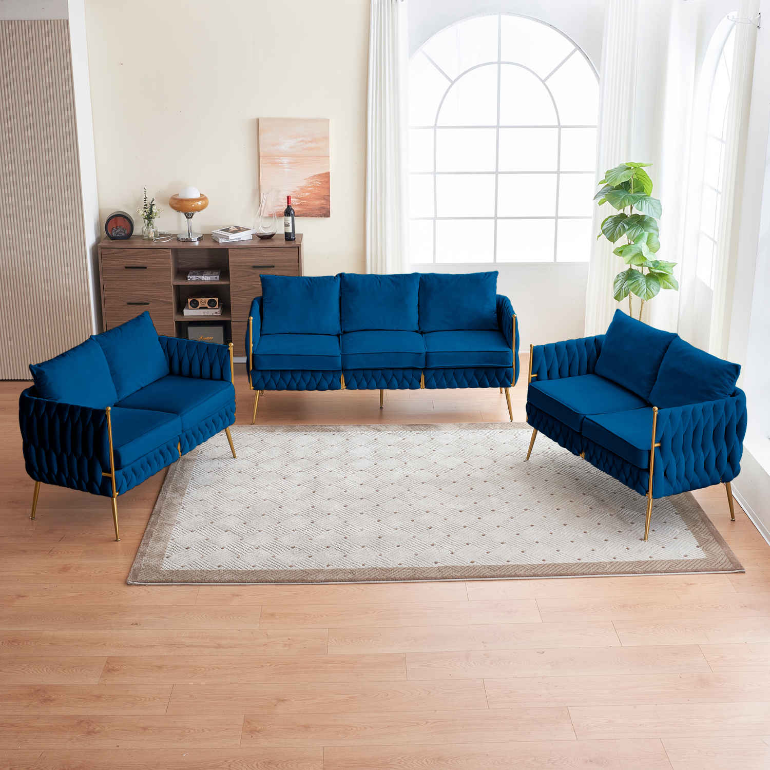 Luxurious Blue Velvet Living Room Set with 3Seater Sofa and 2