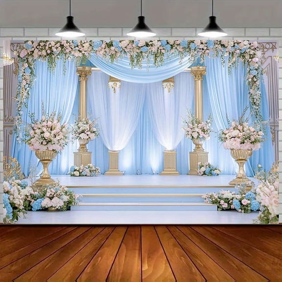 Luxurious Blue White Floral Backdrop Golden Columns Castle Palace Photography Background Wedding Party Decoration Elegant Flowers Backdrop Bridal Shower Backdrops Studio Props