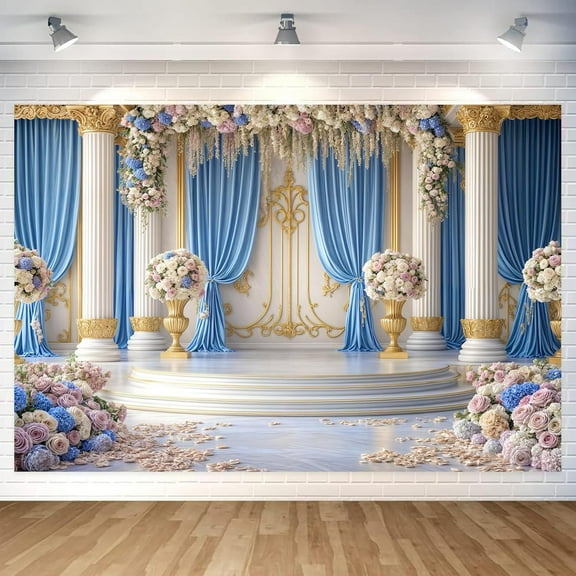 Luxurious Blue and White Floral Backdrop for Photography Castle Palace Wedding Party Decoration Elegant Flowers Backdrop Wedding Birthday Party Decorations Bridal Shower Backdrops Studio Props