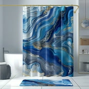 Luxurious Blue and Gold Marbled Shower Curtain Set Elegant Modern Bathroom Decor UltraRealistic Image Opulent Style 20MP