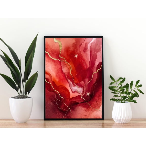 Luxurious Boho-Style Wall Art Modern Poster Wall Art Abstract Poster In Red And Gold With Stars Available In A1, A2, A3, A4, A5, Unframed Poster Size 24x36