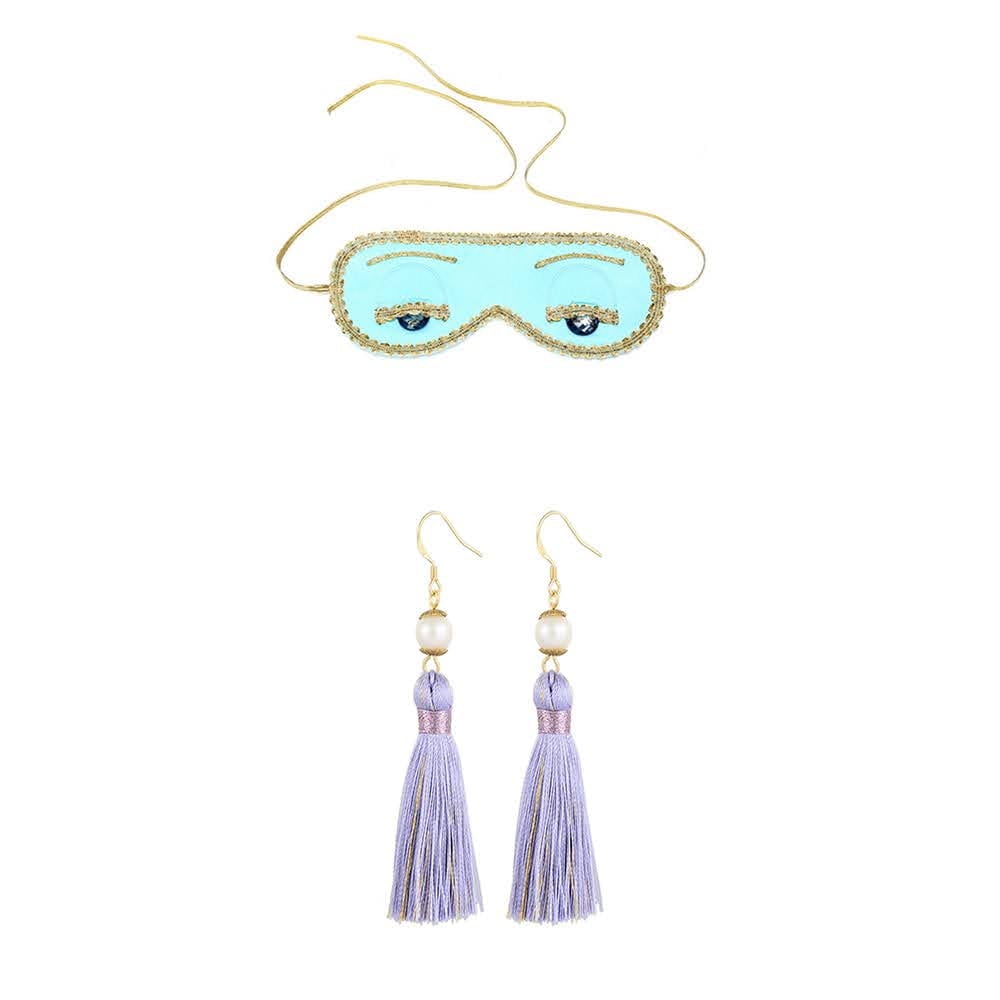 HUDIEFLY Luxurious Breakfast at Tiffanys Audrey Hepburn Holly Golightly Inspired Silk Eye Mask and Purple Tassel Earrings Set