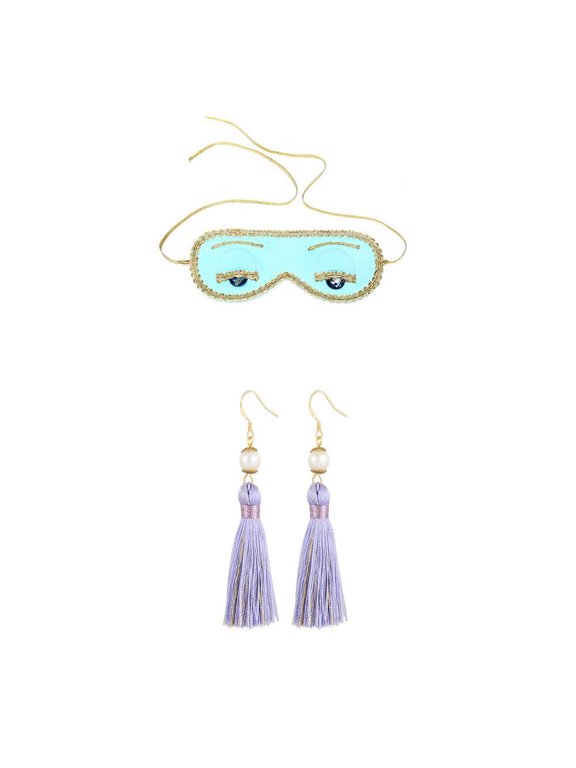 Luxurious Breakfast at Tiffanys Audrey Hepburn Holly Golightly Inspired Silk Eye Mask and Purple Tassel Earrings Set
