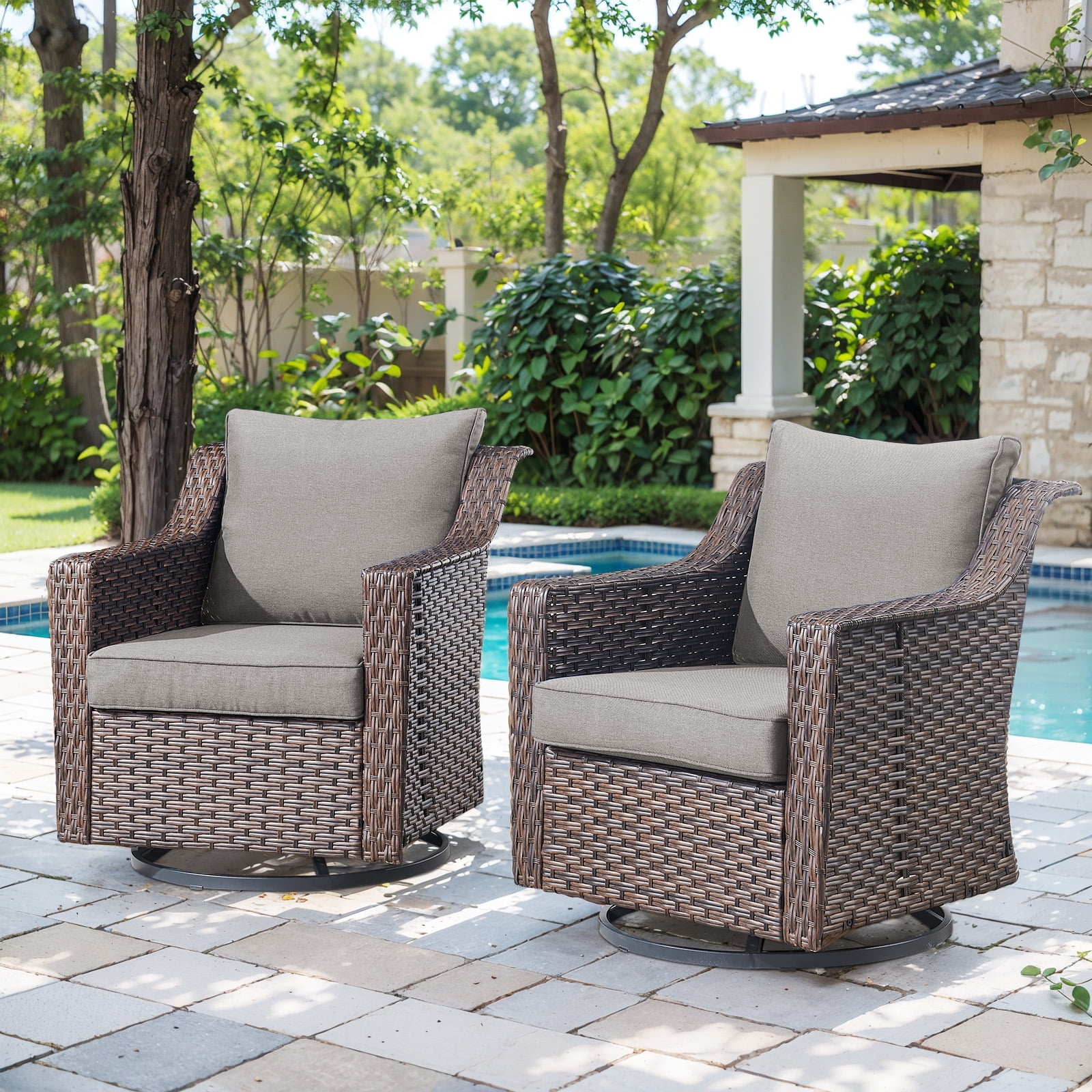 Luxurious Brown Swivel Glider Wicker Outdoor Rocking Chair with Gray ...