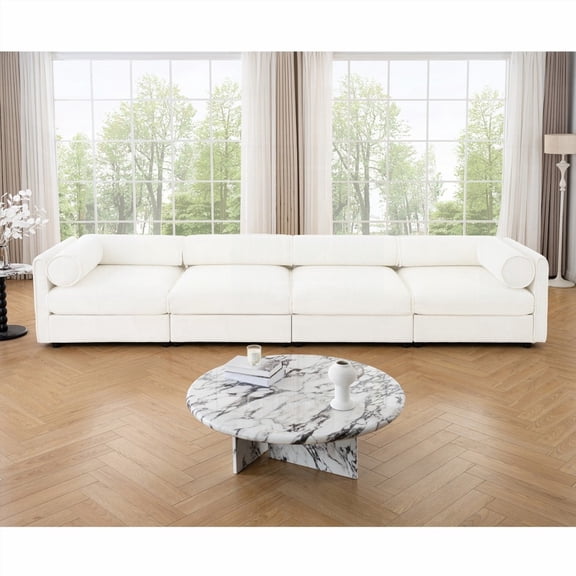 Luxurious Chenille Comfort | Ergonomic Cylindrical Support Sofa - 4 Seat L-Shaped, White
