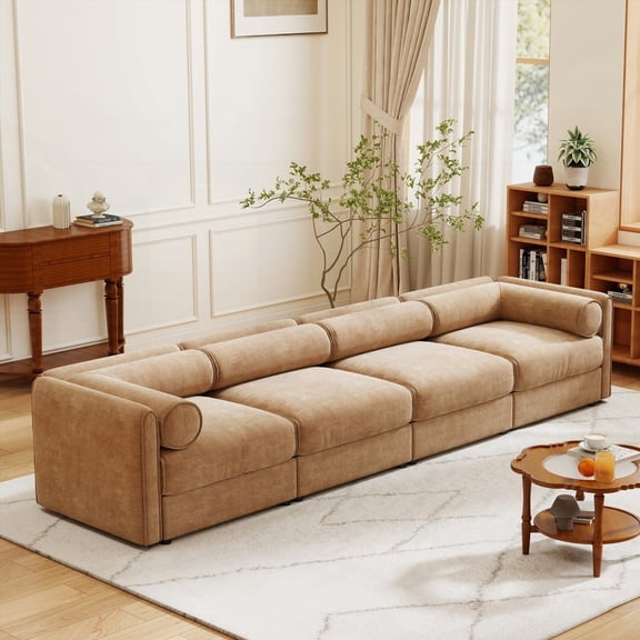 Luxurious Chenille Comfort | Ergonomic Cylindrical Support Sofa with Storage - 4 Seat Camel