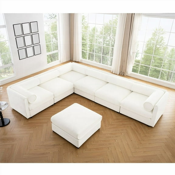 Luxurious Chenille Sectional Sofa with Storage & Cylindrical Support - 6 Seats, White