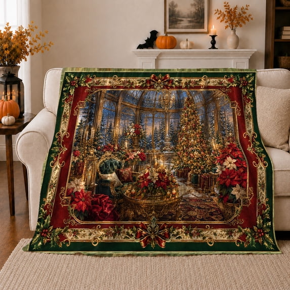 Luxurious Christmas Interior Golden Tree Ornaments Elegant Holiday, Festive Holiday Scene, Warm Flannel Blanket for Living Room and Reading Nook, Art Lovers Christmas Gift, Festive Home Decor