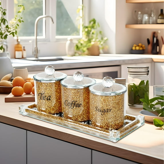 Luxurious Coffee Bean Canister, Sugar Jar, Tea Storage Jar, Glass Jar, Snack Jar, Seasoning Jar, 4-Piece Kitchen Glass Storage Set with Tray, Sparkling Gold Crushed Diamonds Accents