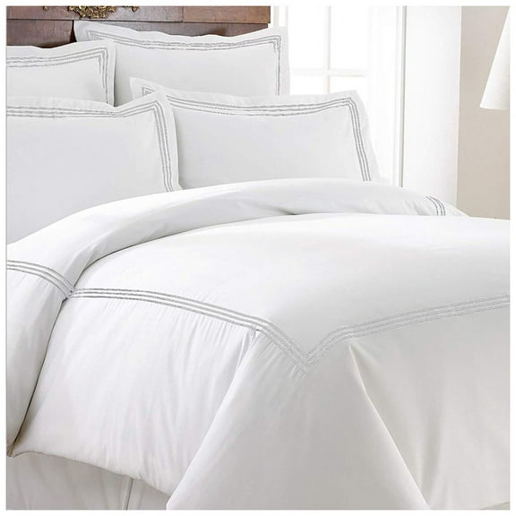 Luxurious Collections 400TC Cotton Triple Embroidery Sateen Solid Duvet Cover Set Twin/Twin XL 64"×88" 1 Duvet cover and 20"x26" 2 Pillow sham , White Border