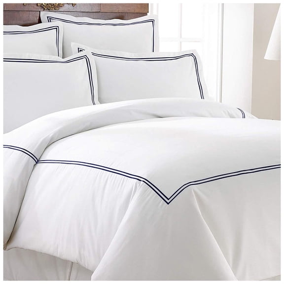Luxurious Collections400TC Cotton Double Embroidery Sateen Solid Duvet Cover Set Twin/Twin XL 64"×88" 1 Duvet cover and 20"x26" 2 Pillow sham , Navy Blue Border