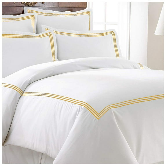 Luxurious Collections400TC Cotton Triple Embroidery Sateen Solid Duvet Cover Set King/Cal-King 106" × 88" 1 Duvet cover and 20"×36" 2 pillow sham , Gold Border