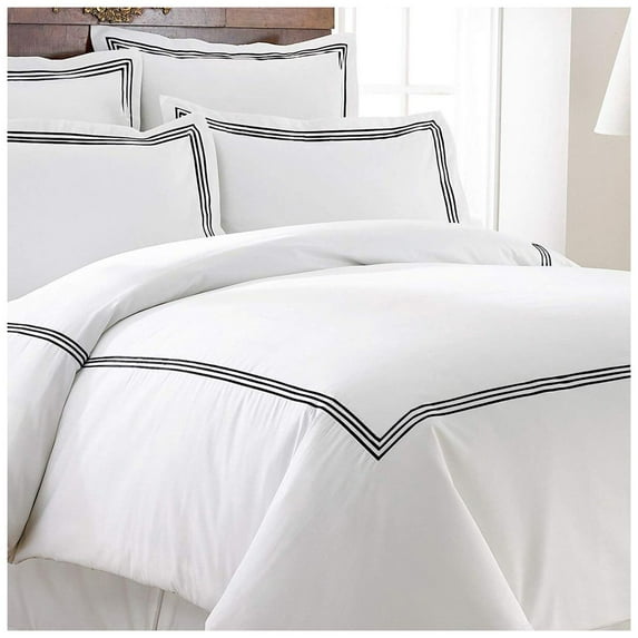 Luxurious Collections400TC Cotton Triple Embroidery Sateen Solid Duvet Cover Set Twin/Twin XL 64"×88" 1 Duvet cover and 20"x26" 2 Pillow sham , Black Border
