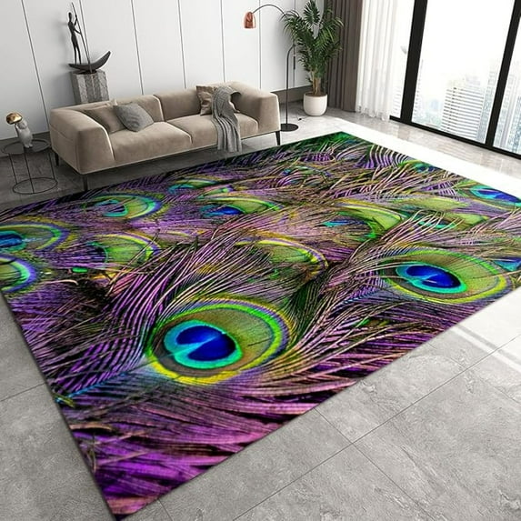 Luxurious Colorful Peacock Feathers Area Rug, Purple Blue Peacock Feathers Non Slip Bedroom Rug, Machine Washable Carpet For Indoor Living Room Office Decor Mat 1x2ft
