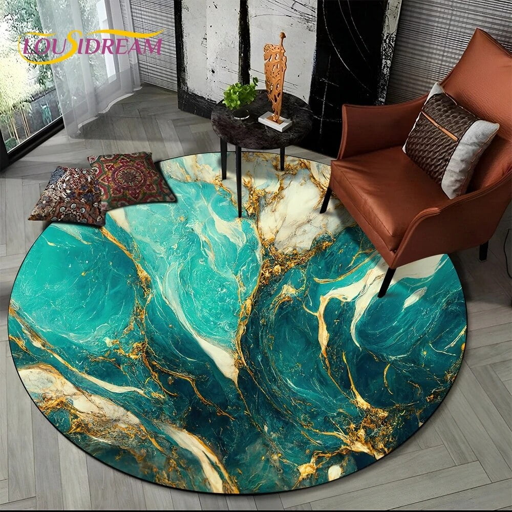 Luxurious Colour Marble Blue Green Gold Round Carpet Rug for Living