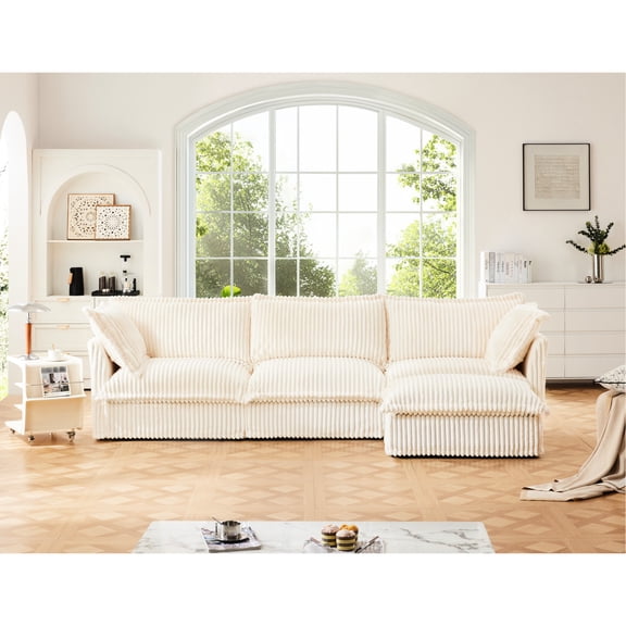 Luxurious Comfortable Office Couch, 3 Seater, Cream Corduroy, Deep Seat With Pillow Spacious Armrest , Comfy Seating