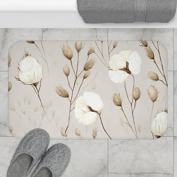 Luxurious Cotton Flower In Beige Bath Mat
