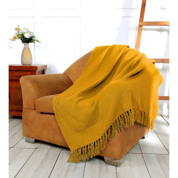 Luxurious Cozy All-Season Cotton Waffle Weave Throw Blanket with Fringes – Decorative Blanket for Couch, Bed & Sofa
